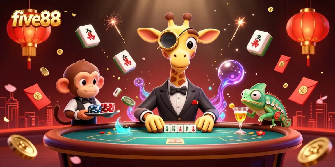 Engage in thrilling gameplay at five88 while the high-roller giraffe enjoys a VIP poker experience.
