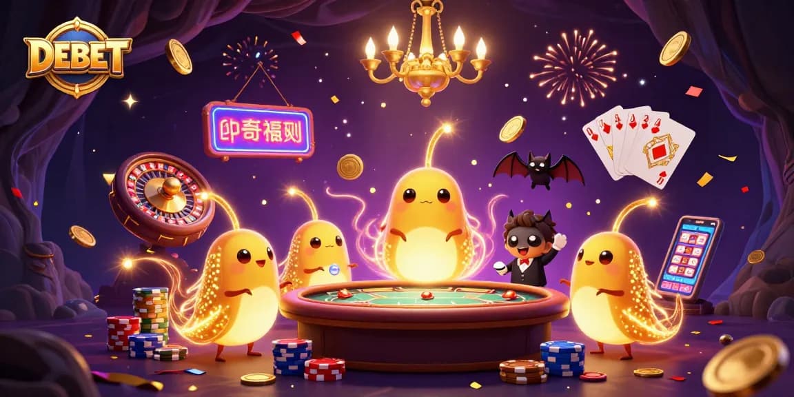 Experience the excitement of DEBET with lively glowworms illuminating a vibrant casino scene.