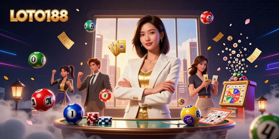 Engage in thrilling games at LOTO188 with a stylish woman holding golden cards amidst dynamic lottery elements.