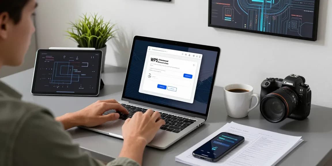 WPS Download interface displayed on a laptop in a modern tech workspace, highlighting productivity tools and a motivating environment.