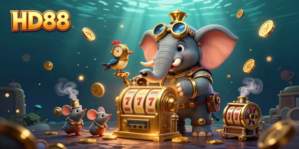 Experience HD88's thrilling gaming with a steampunk elephant engineer at the golden slot machine.
