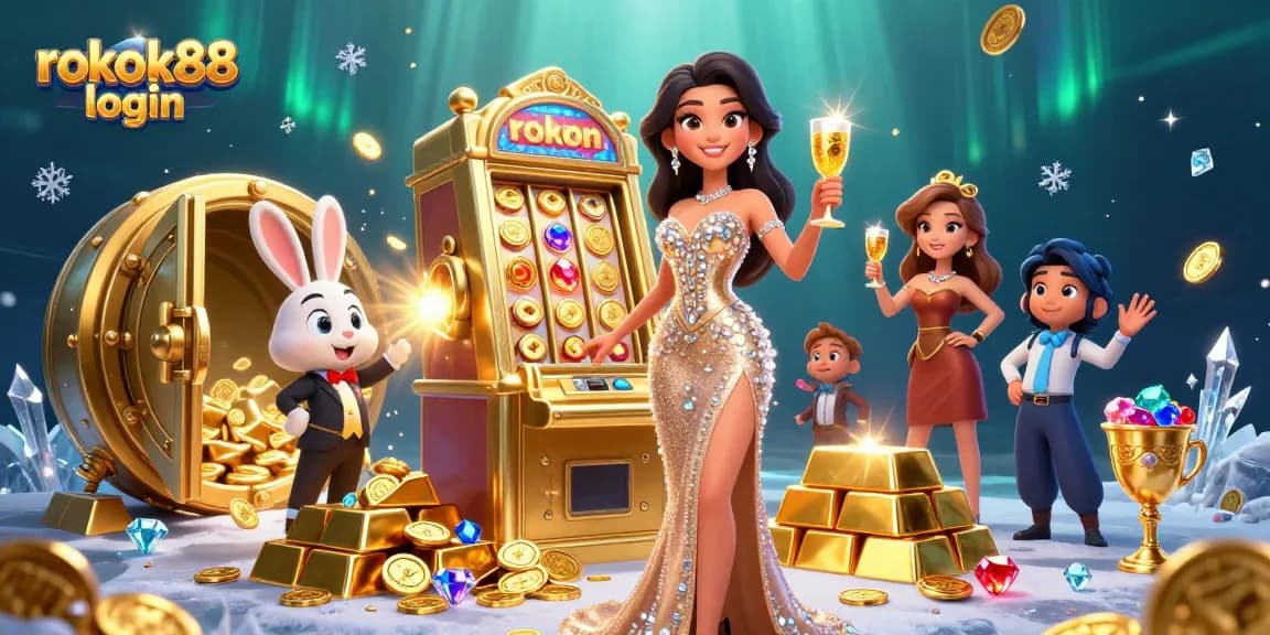 Experience winning moments with rokok88 login beside a jackpot slot machine and celebrating croupier.