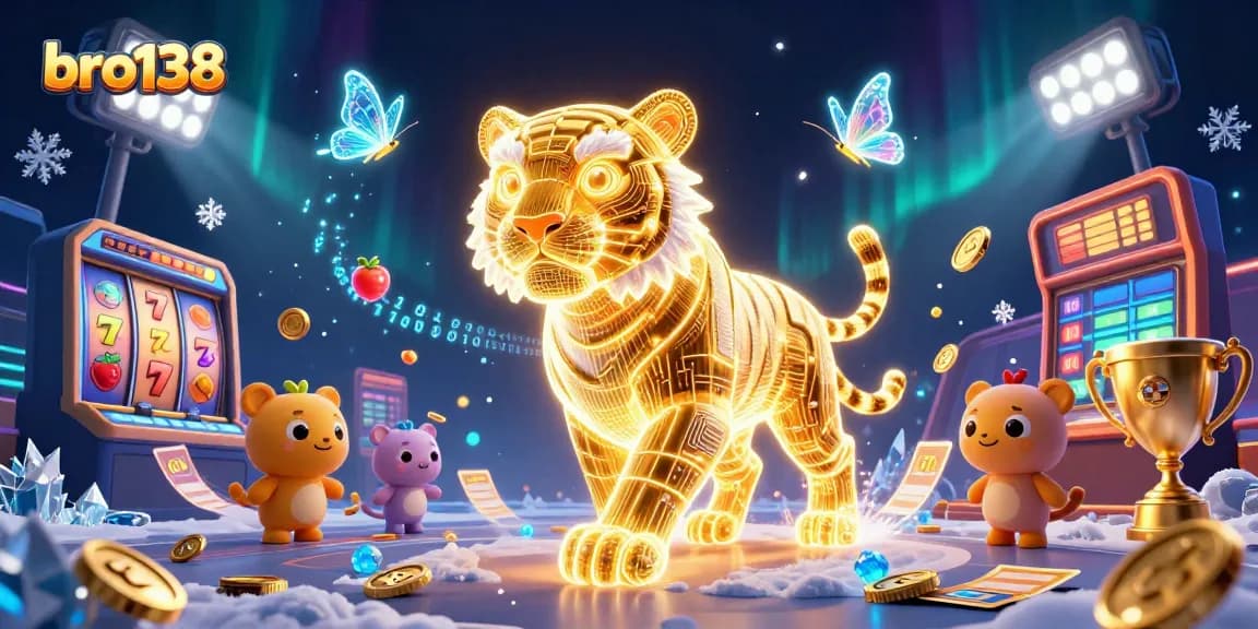 Enhance your gaming with bro138's vibrant neon casino, featuring dynamic slot reels and golden treasures.