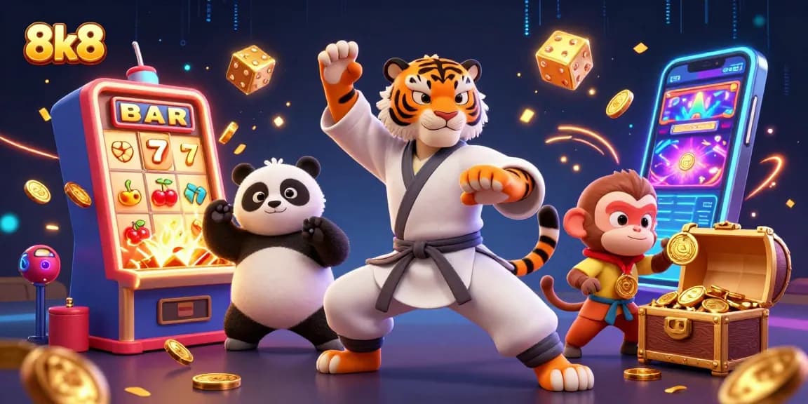 Engage with the 8k8 casino experience featuring slot machines and colorful characters.