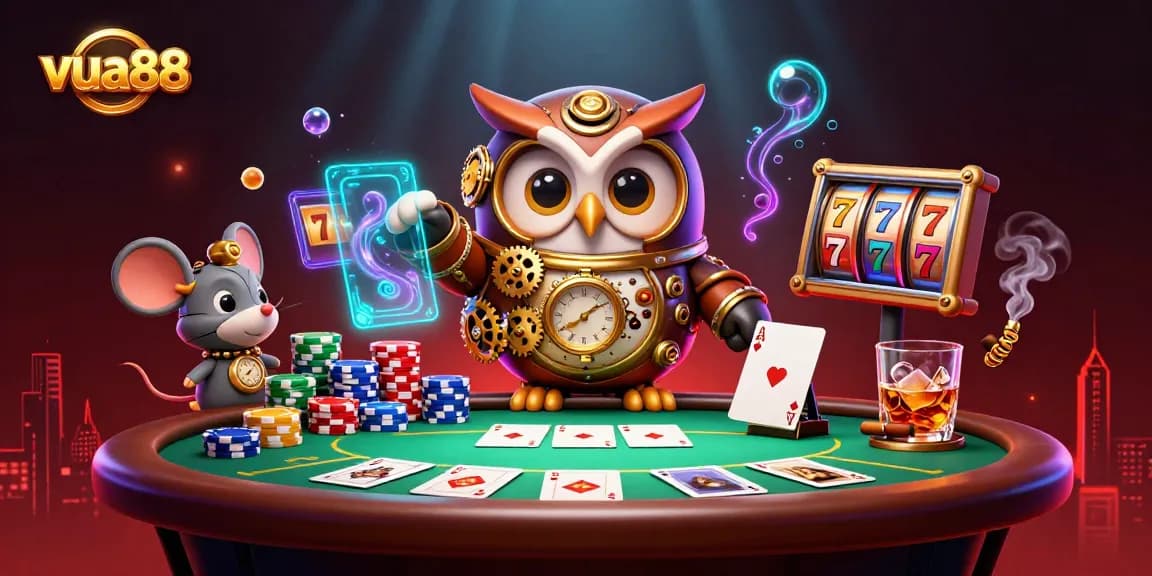 Experience thrilling gameplay at vua88 with a vibrant 3D illustration showcasing steampunk elements and dynamic casino action.