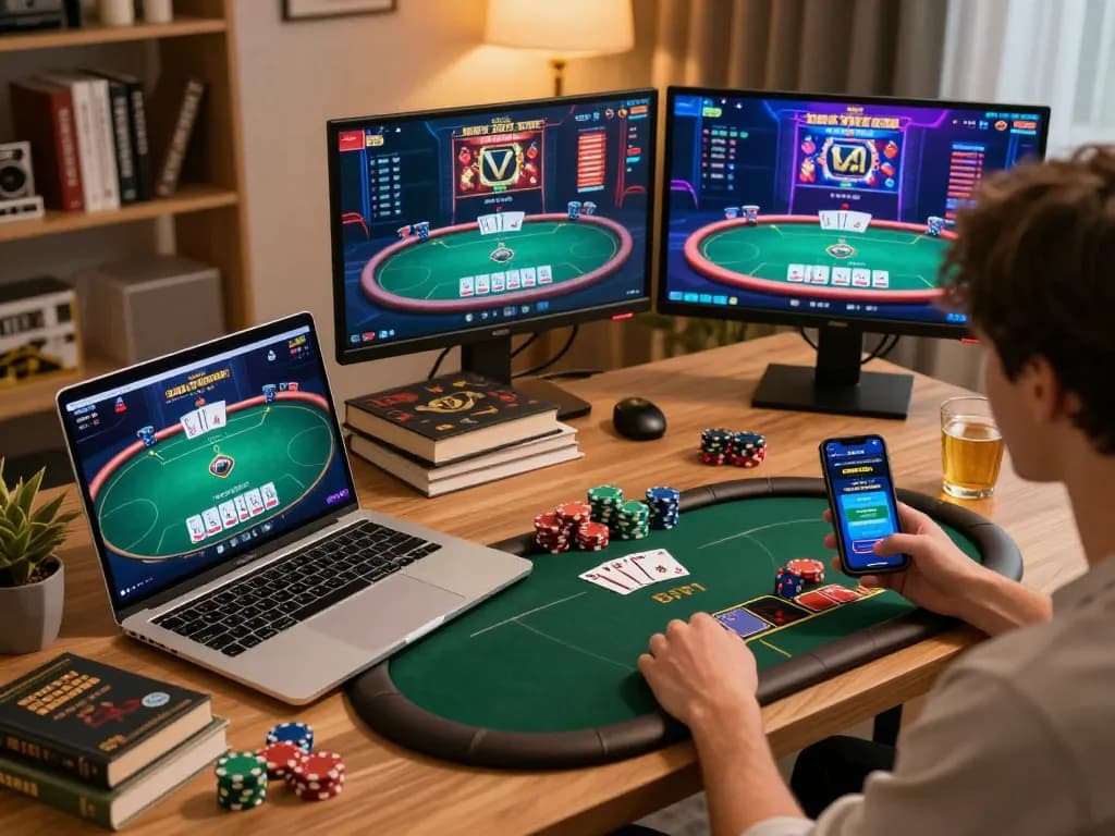 Engaging online poker session with LC88 app on laptop and smartphone, showcasing strategic gaming.