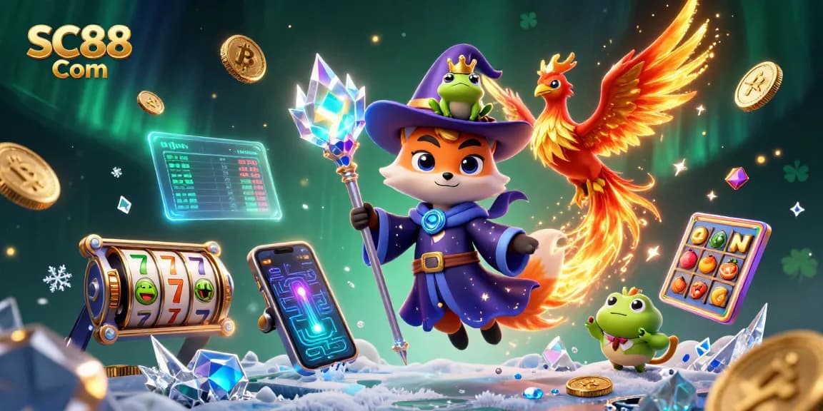 Spin and win at SC88 Com with a vibrant illustration of casino-themed magic and cryptocurrency excitement.