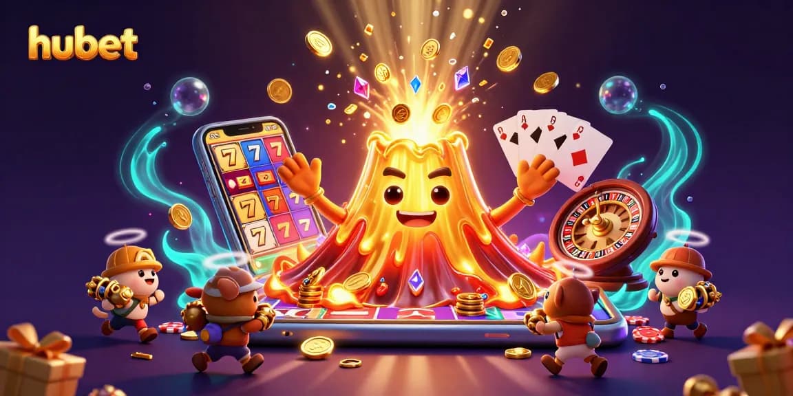 Experience thrilling wins at hubet where a golden volcano erupts coins and gems in a vibrant casino scene.