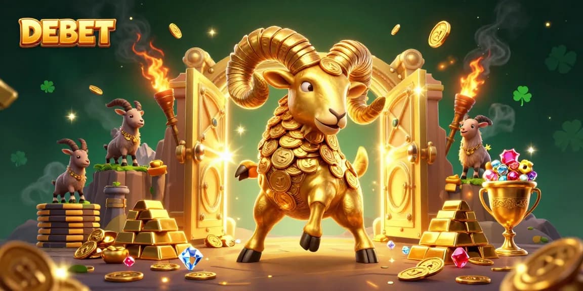 Players engage with DEBET as a golden ram leads to treasures in a vibrant 3D gambling scene.
