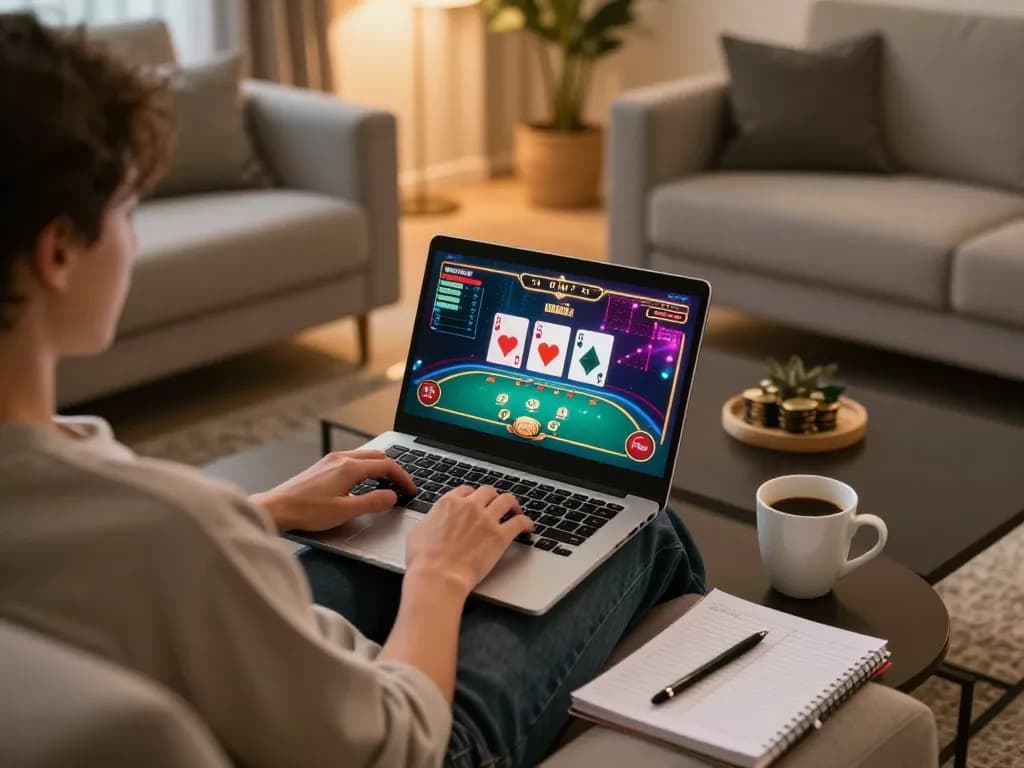 Impactxoft gaming scene with player using laptop for online casino strategy.