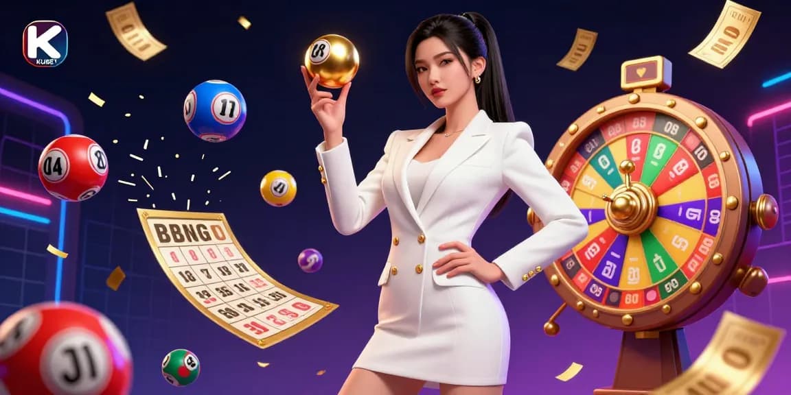 KUBET elevates excitement with a stunning Asian lady in a tuxedo, golden roulette ball, and vibrant casino elements.