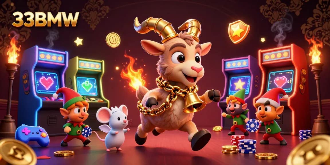 Experience thrilling gaming excitement with 33BMW's vibrant casino illustration featuring festive characters.