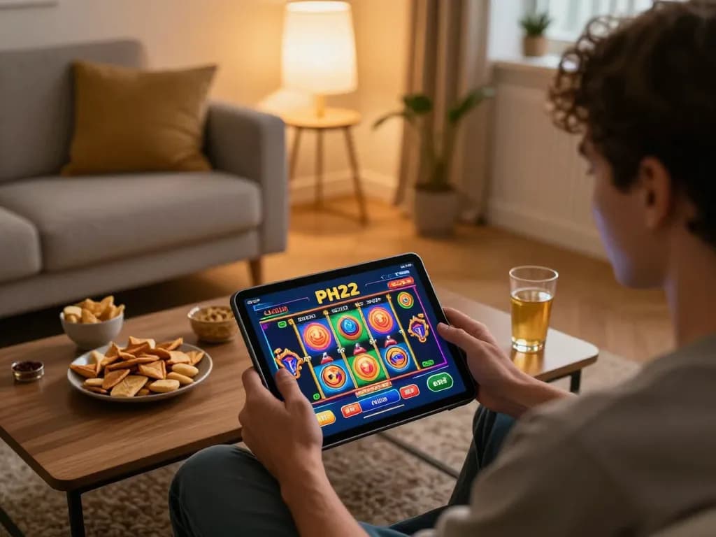 Play slots on the PH22 app in a cozy home setting, showcasing a user engaged in online gaming.