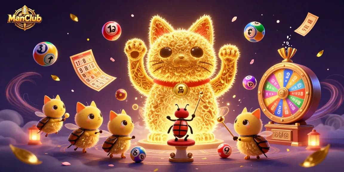 Experience thrilling wins at ManClub with a vibrant digital casino scene featuring a lucky cat and dynamic lottery elements.