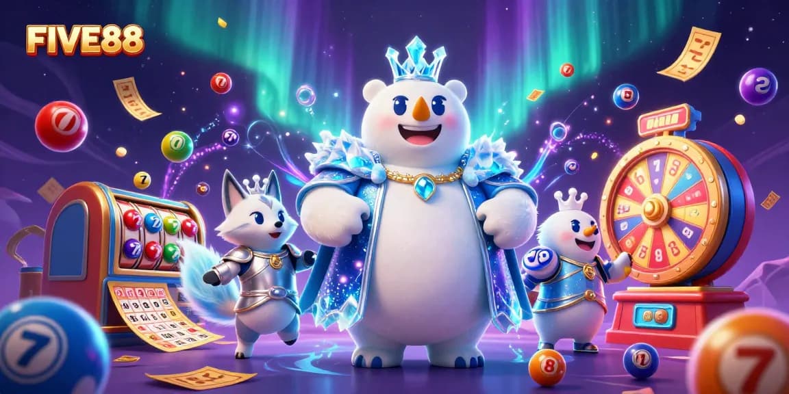 Experience thrilling slots at FIVE88 with a polar bear king and fox amidst vibrant gaming elements.