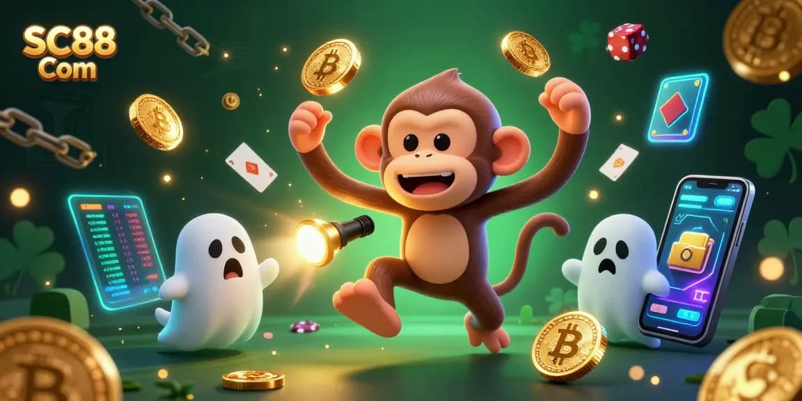 Engage with the SC88 Com animated monster juggling casino treasures amidst a vibrant digital gambling scene.