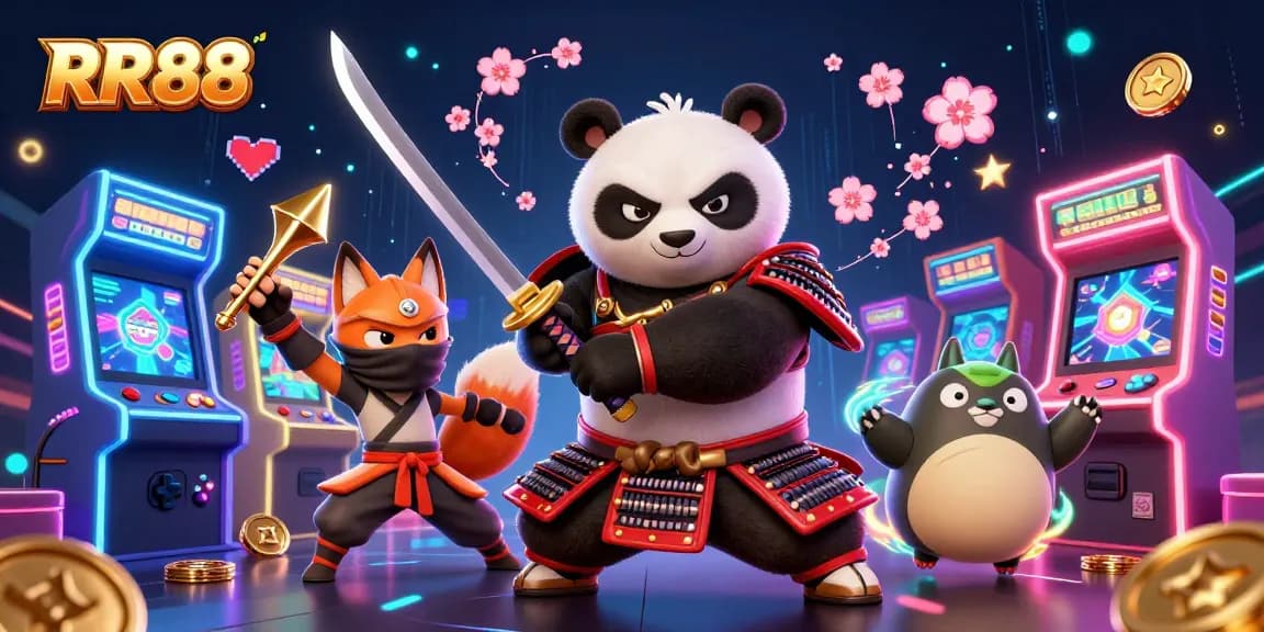 Engage with RR88’s thrilling world as a samurai panda and ninja fox play in a dynamic casino environment.