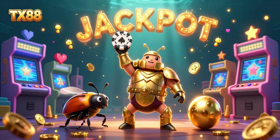Engage with TX88 while cartoon beetles celebrate a jackpot in a vibrant casino-themed illustration.