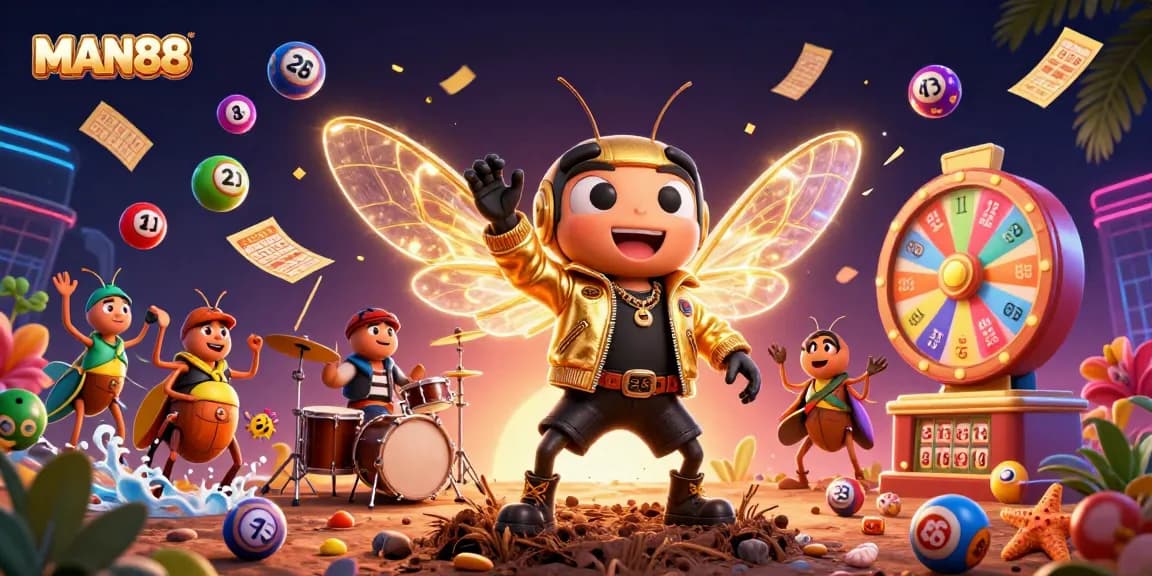 Engage with MAN88's thrilling online casino magic with colorful lottery elements and vibrant characters.