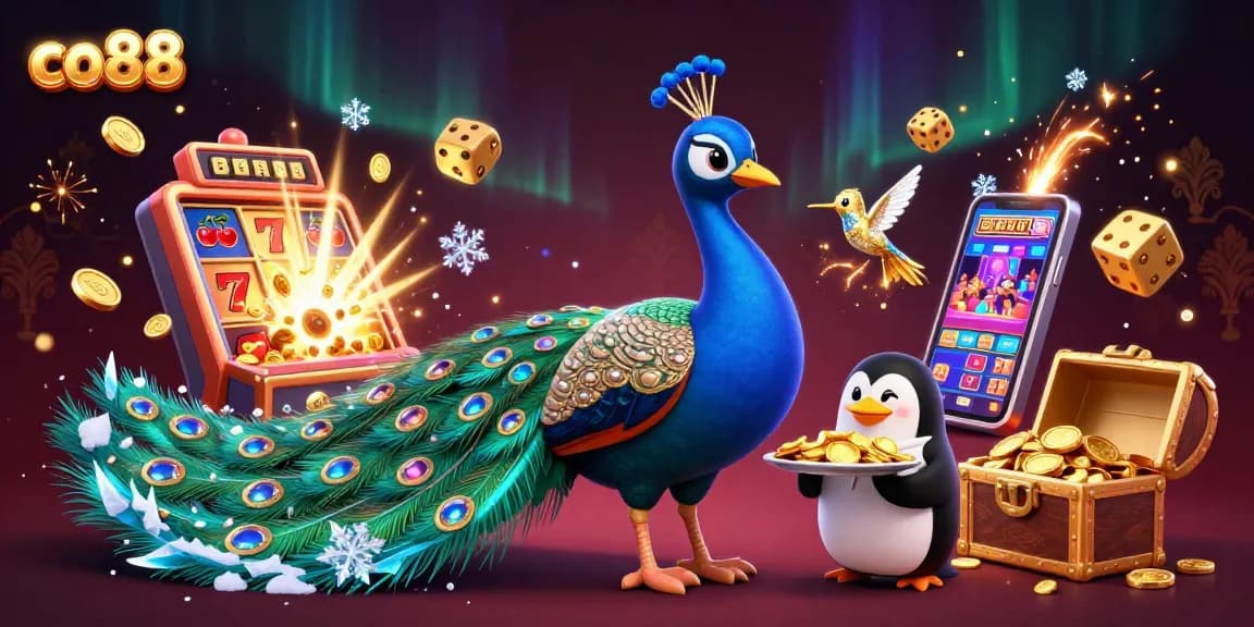Co88 players enjoy the vibrant casino scene with dynamic slots, golden coins, and rich animations.