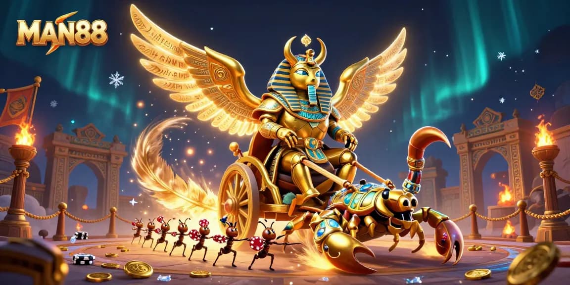 Experience thrilling gameplay at MAN88 with colossal golden scarab and scorpion chariot in a dynamic casino scene.