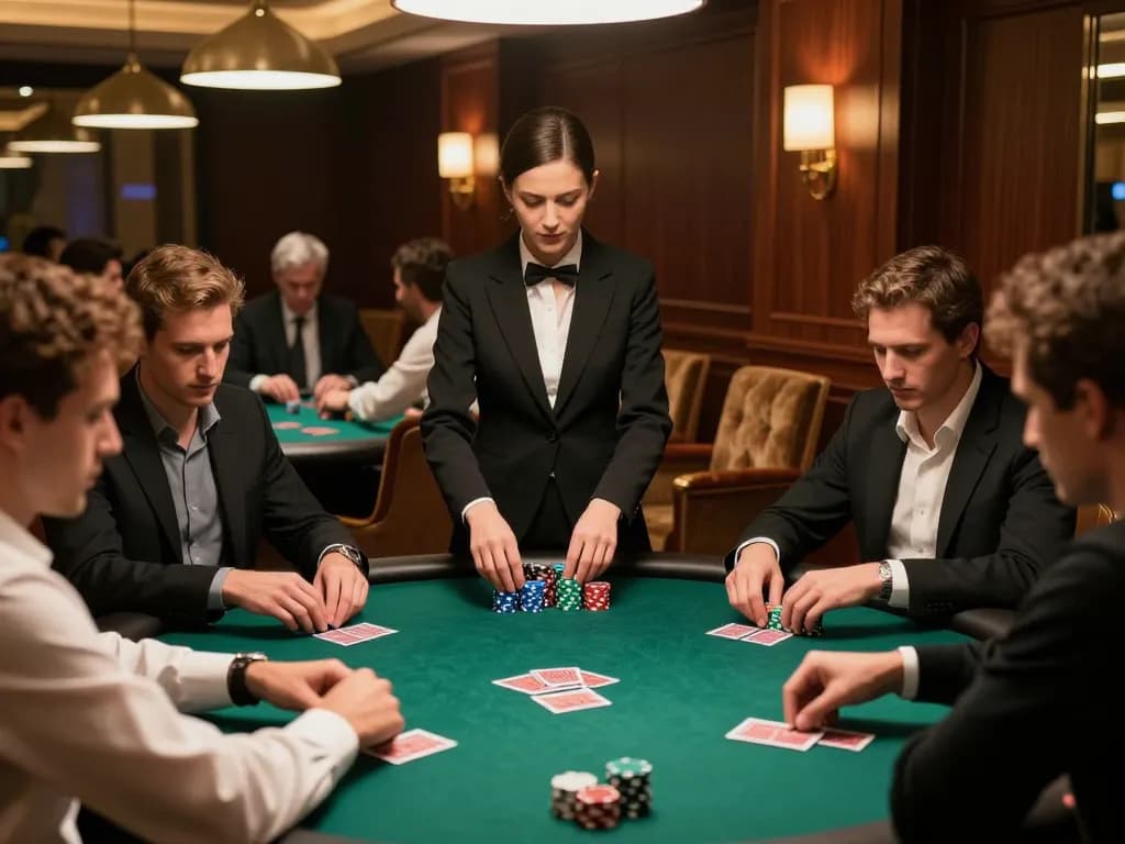 Players engaged in an intense poker game with DA88 stakes, showcasing strategy and luxury atmosphere.