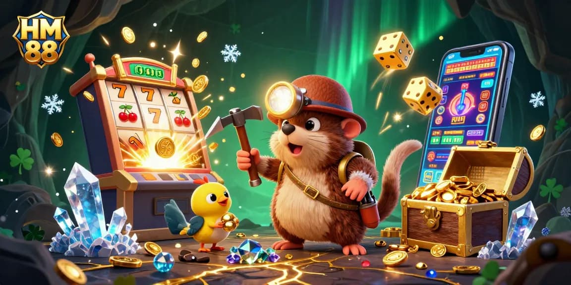 Engage in thrilling gaming at HM 88 with a vibrant 3D illustration of treasure hunting and jackpot excitement.