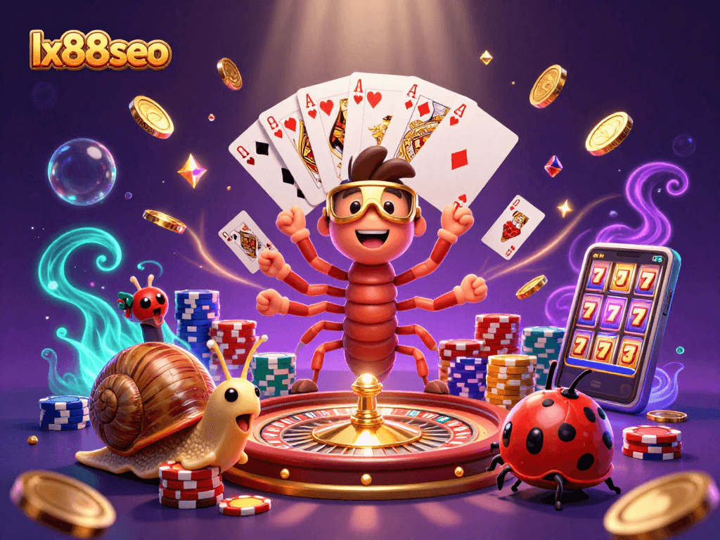 Experience excitement with lx88seo's casino characters and vibrant gaming elements in a dynamic scene.