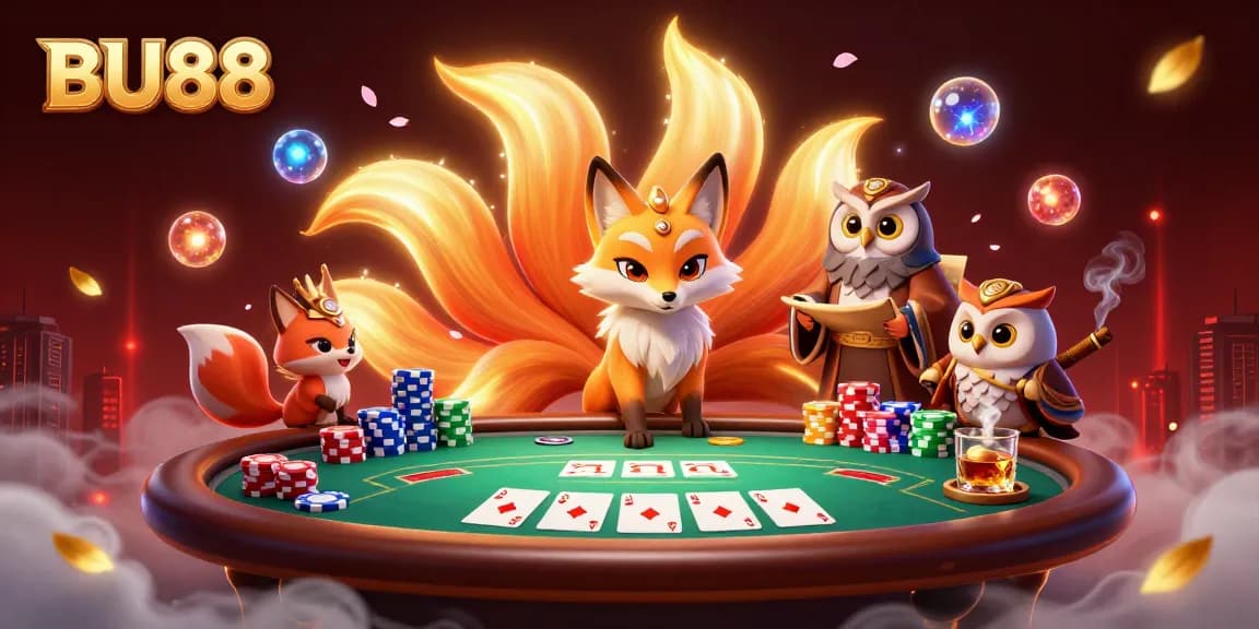 Join the colorful action of BU88 poker with glowing fox spirit and wise owl sage.