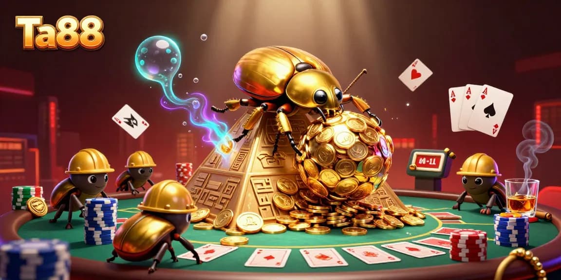 Engage with Ta88 as golden beetles navigate a vibrant casino landscape, showcasing exhilarating games.