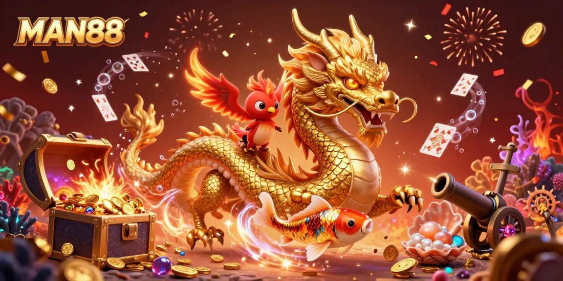 Experience thrilling moments at MAN88 with a vibrant casino scene featuring a majestic dragon and fortune-filled koi fish.