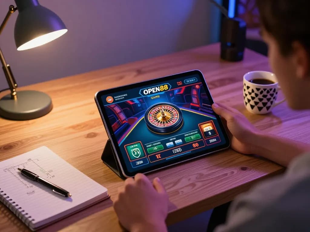 Engaging with OPEN88 casino app while playing roulette at home, creating an exciting gaming atmosphere.