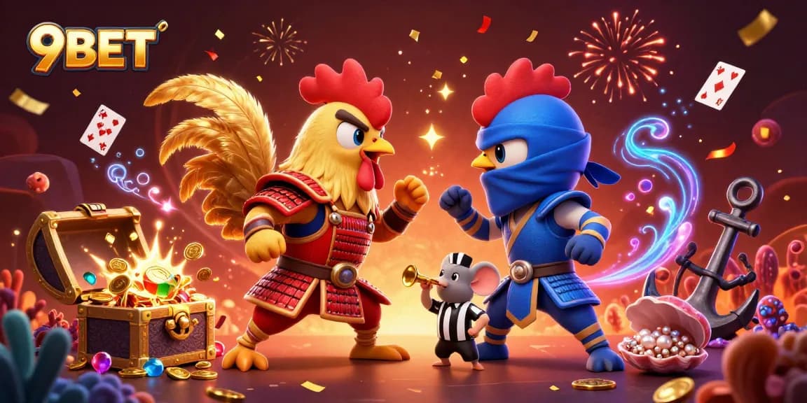 Experience the excitement of 9BET with cartoon fighting roosters, treasure symbols, and casino action.