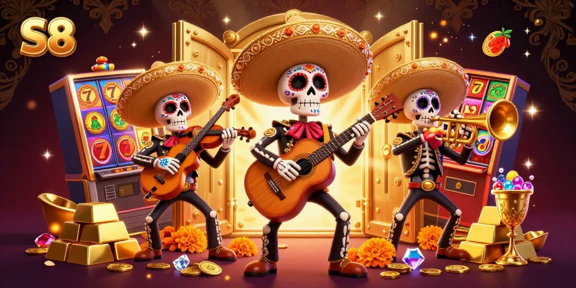 S8 introduces an exciting slot game experience with vibrant mariachi skeletons celebrating wins amid treasure.