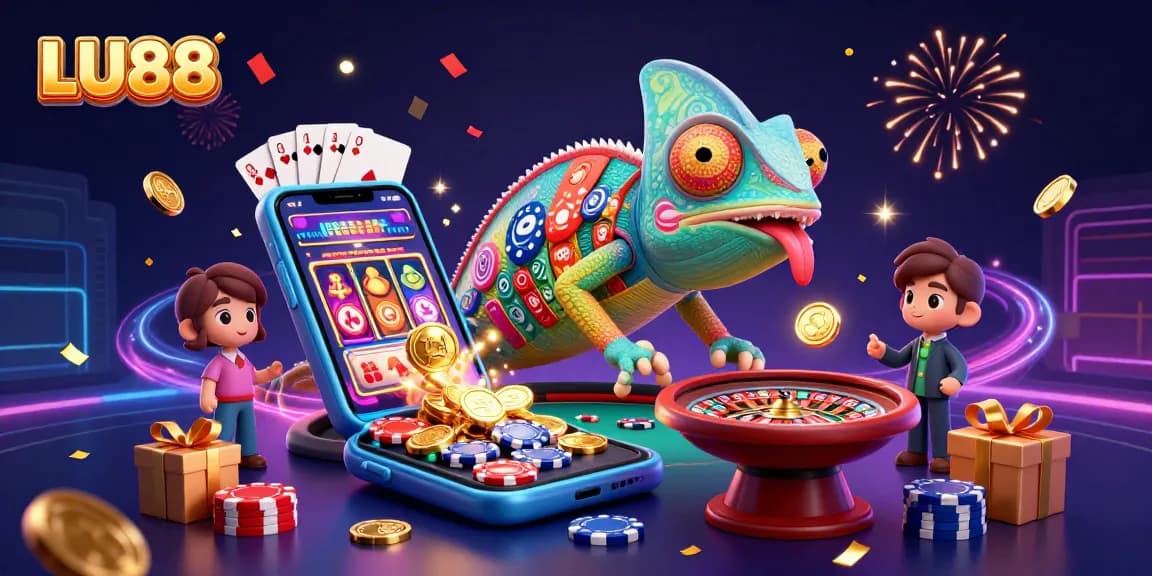 LU88 chameleon casino owner surrounded by vibrant casino elements bursting with energy and golden coins.