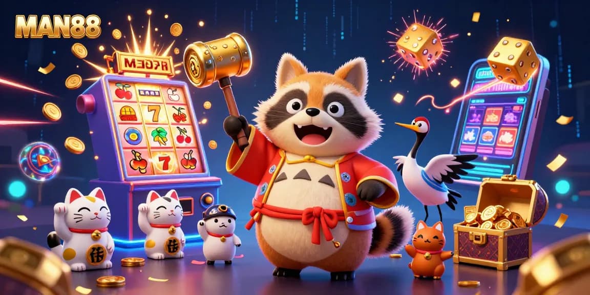 Experience thrilling wins with MAN88 in a vibrant, dynamic casino scene filled with fortune elements.