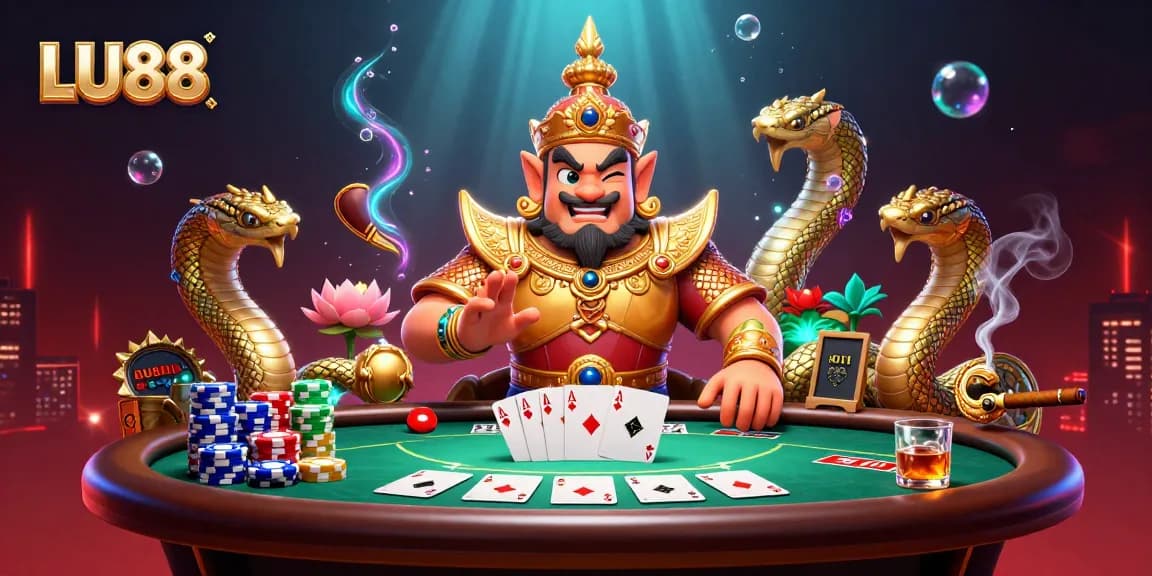 Experience the vibrant LU88 gaming scene, showcasing thrilling poker action surrounded by majestic characters.