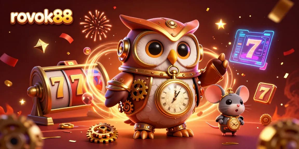 Engage with the immersive gaming world of rokok88, featuring a dynamic 3D illustration of a time-traveler owl amidst vibrant casino elements.