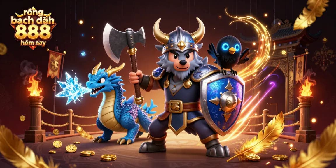 Join the excitement of rồng bạch kim 888 hôm nay with a fierce Viking warrior, dragon, and raven featured in a dynamic gaming scene.