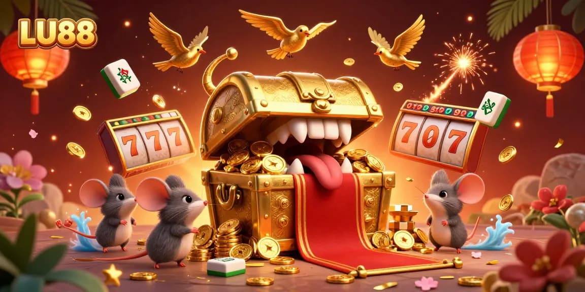 LU88 entices players with a vibrant casino scene featuring jackpot reels and treasure elements.