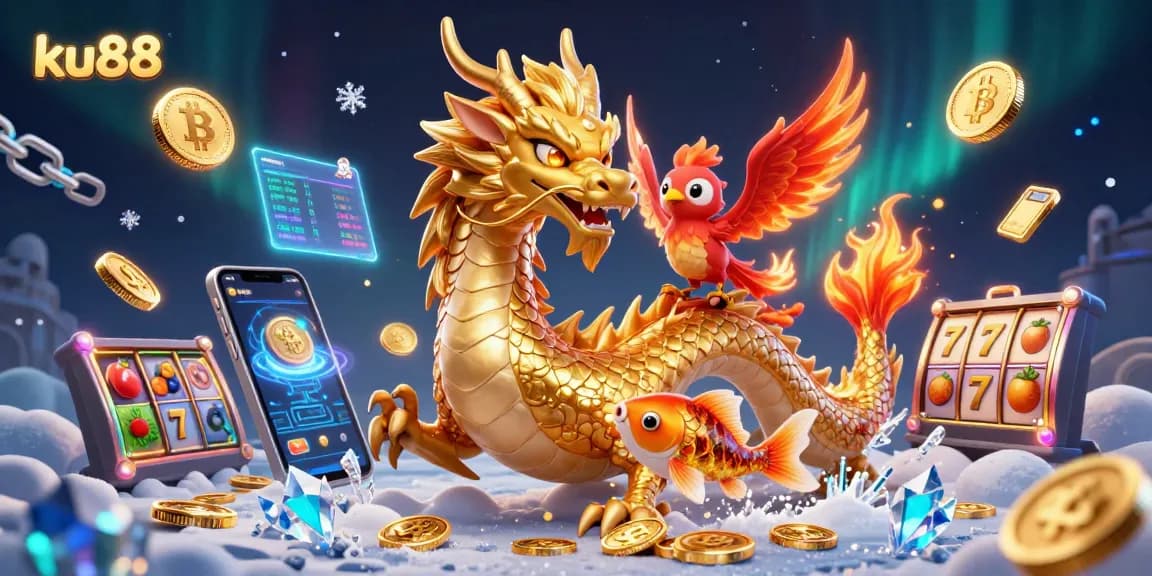 Engage the thrill of gambling at ku88 with a dynamic 3D casino scene featuring a golden dragon, phoenix, and koi fish.