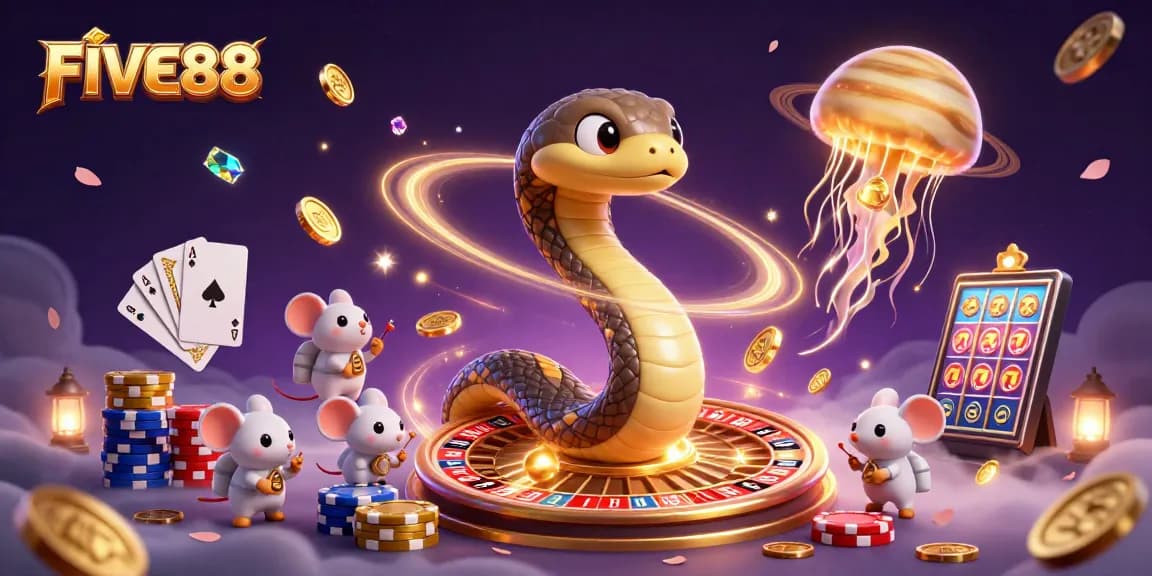 Experience the excitement of FIVE88 with a vibrant 3D cosmic casino scene full of energy and detail.