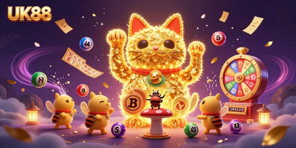 Engage in exciting gaming moments at UK88 with a vibrant lucky cat illustration representing casino fun.