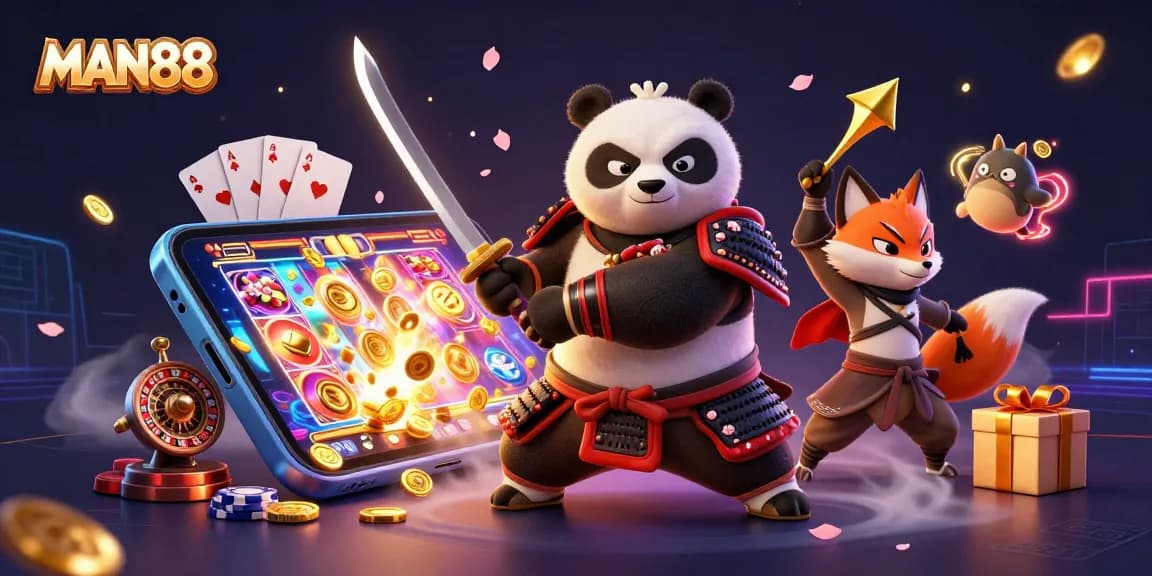 Experience thrilling gameplay with MAN88's vibrant 3D casino scene featuring samurai panda and ninja fox.