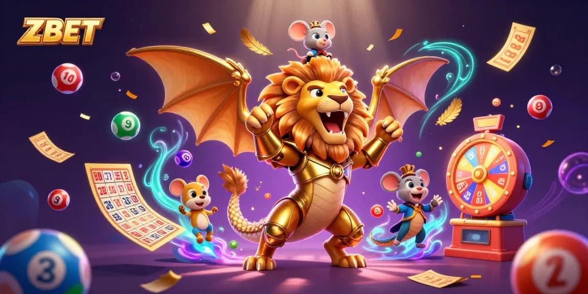 ZBET brings excitement with a golden armored chimera and lottery elements in a vibrant casino scene.