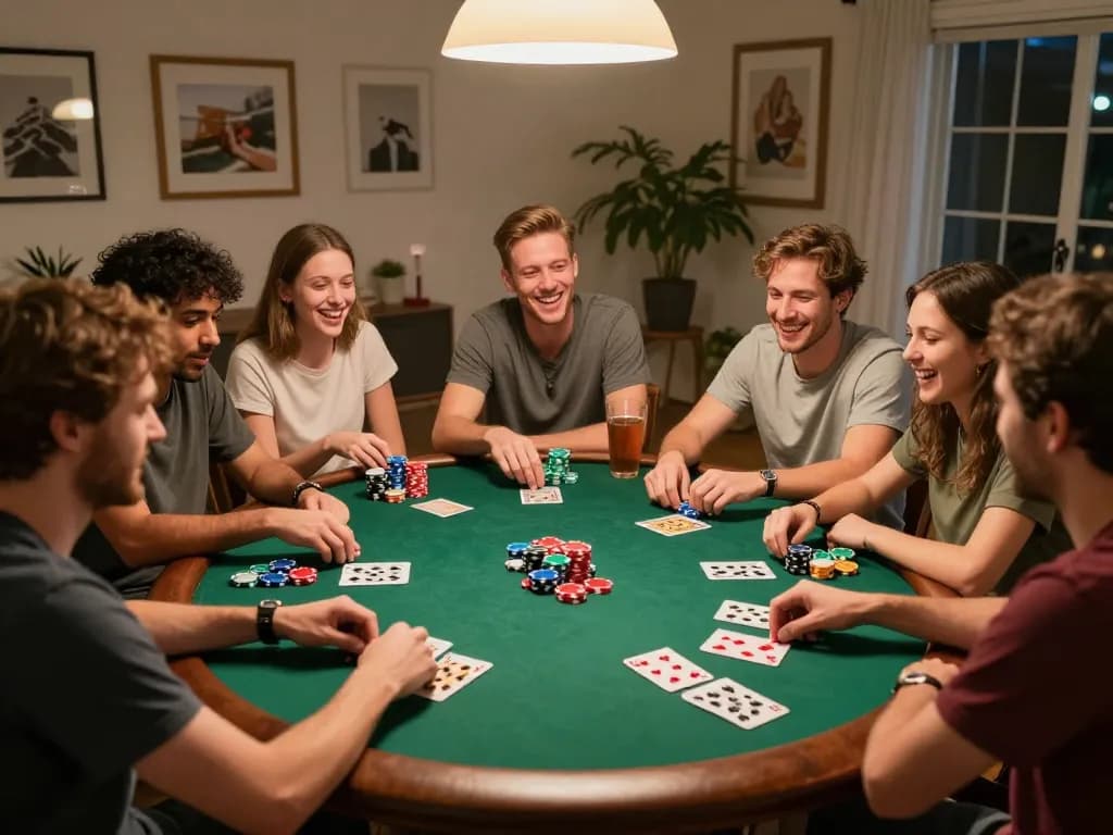 Friends enjoying a poker game at home, showcasing the fun and strategic play at tip88
