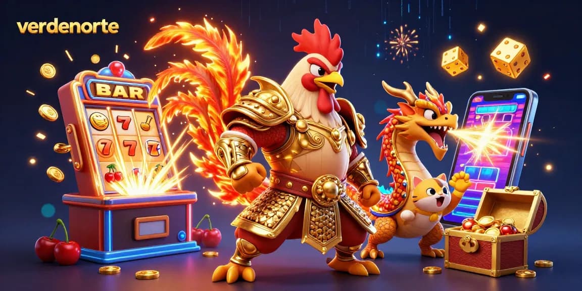Win big at verdenorte with an exciting scene featuring vibrant slot games and fantastical characters.