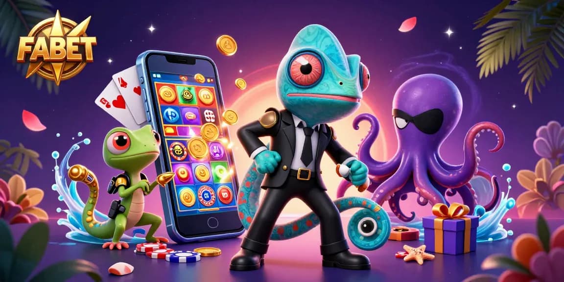 Capture exciting gaming moments with FABET's vibrant 3D casino illustration featuring fun characters.