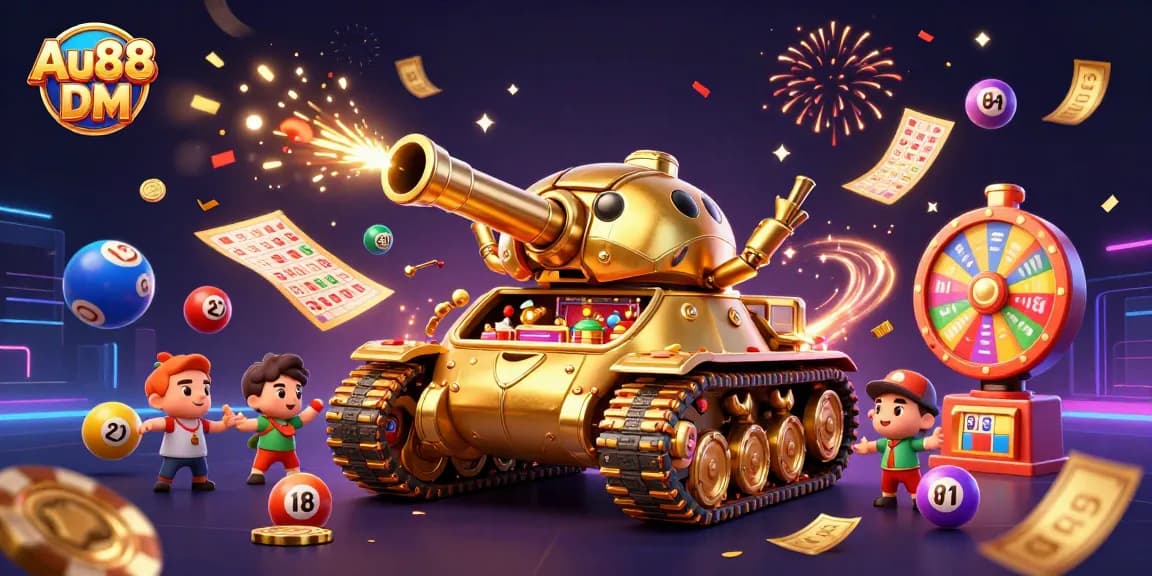 Experience excitement with Au88 DM as colorful lotto balls burst from a casino beetle tank in a festive 3D scene.