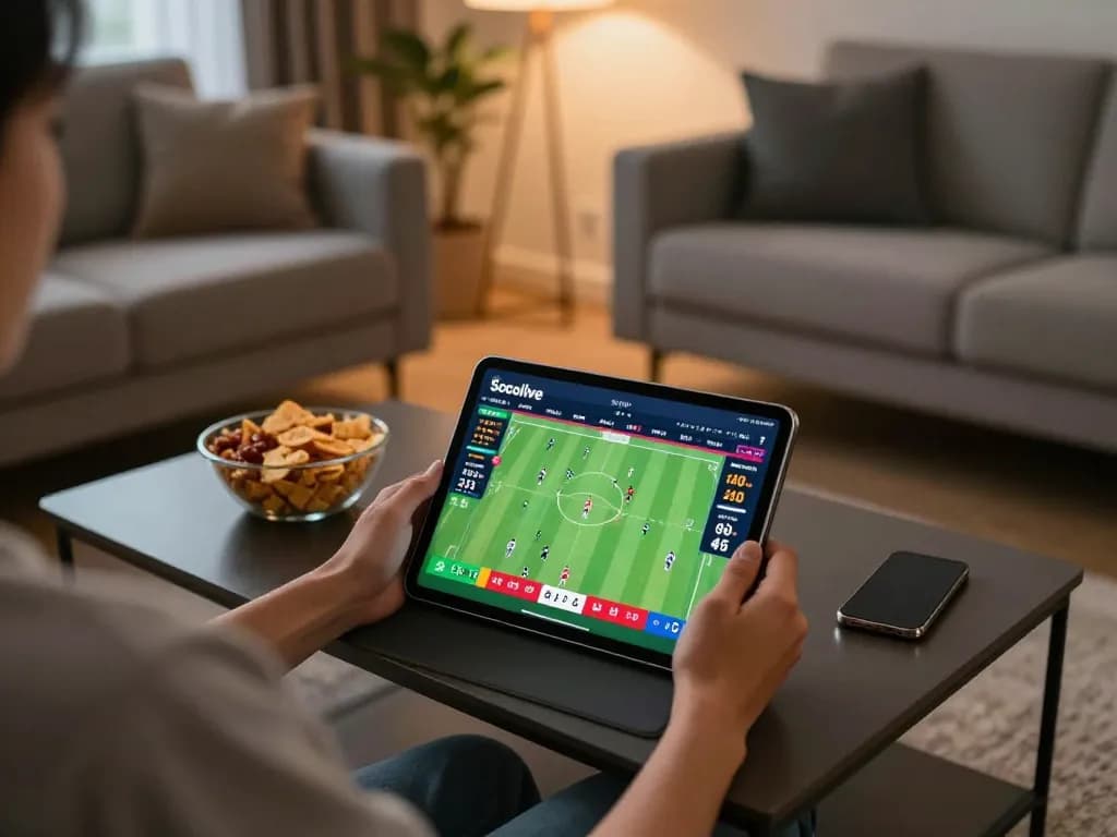 Socolive streaming live football matches on a tablet in a cozy home setting.